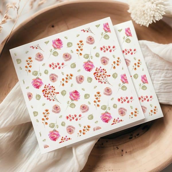 Two Square Sheets Of Paper With A Watercolor Floral Pattern Featuring Pink Roses And Berries.