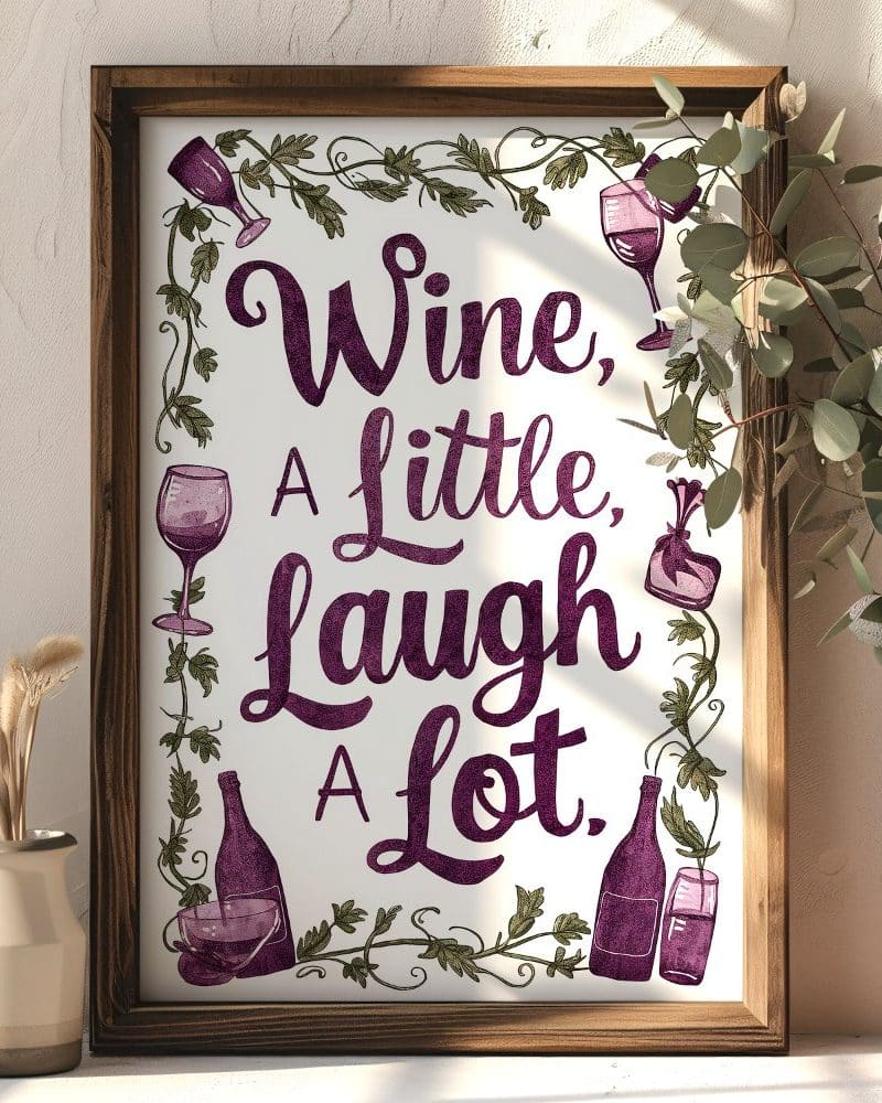 Framed print with a wine theme. The text reads Wine, A Little, Laugh A Lot. It features illustrated wine bottles and glasses.