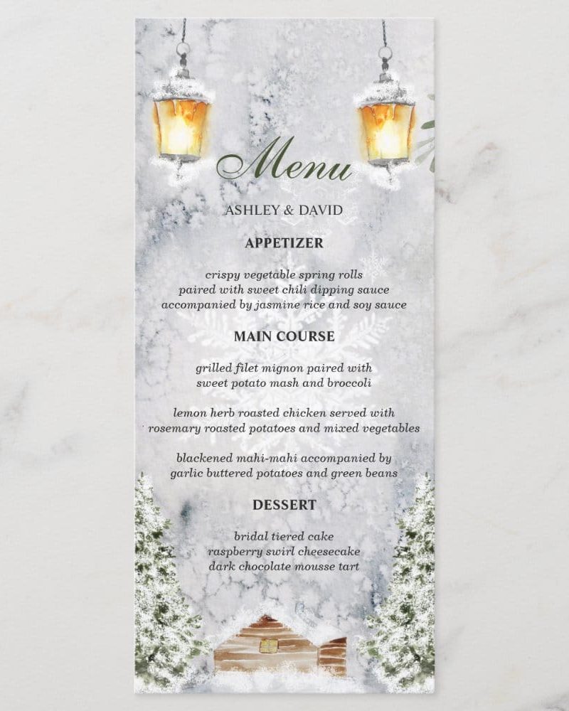 Winter Cabin Rustic Snow Scene Wedding Menu