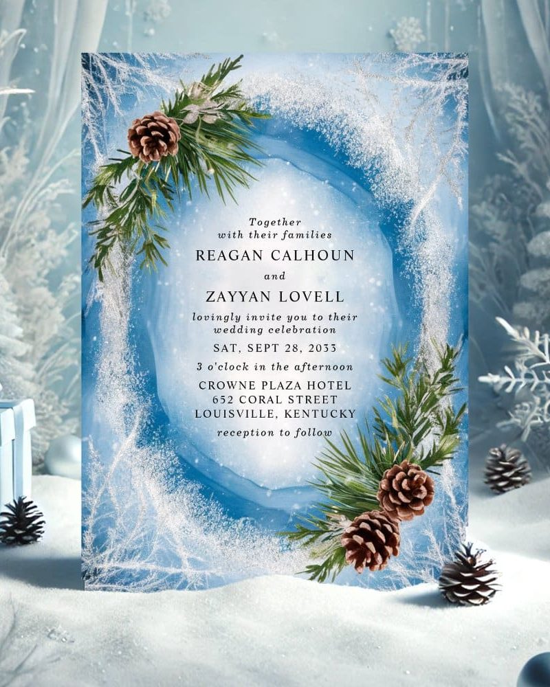Wedding invitation with a winter theme; blue background, pine branches, and pinecones. The names Reagan Calhoun and Zayyan Lovell are prominently displayed.