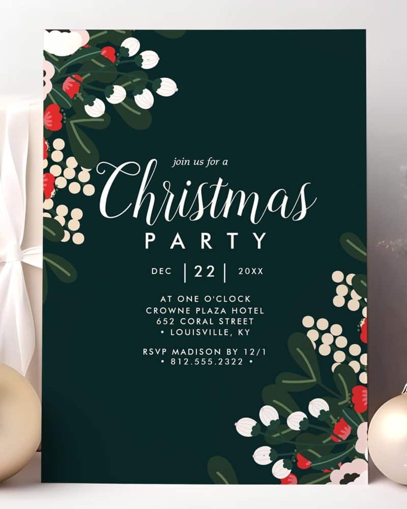 Dark green Christmas party invitation with white and red floral design.