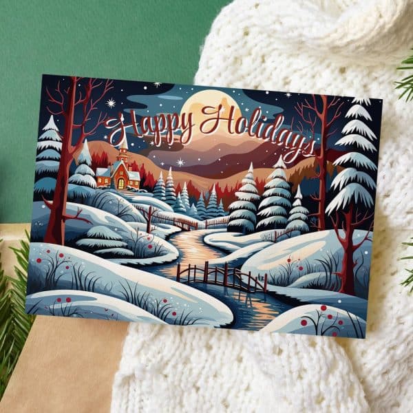 A Snowy Winter Village Scene With A Church, River, And Bridge At Night. The Words Happy Holidays Are Displayed Across The Top.