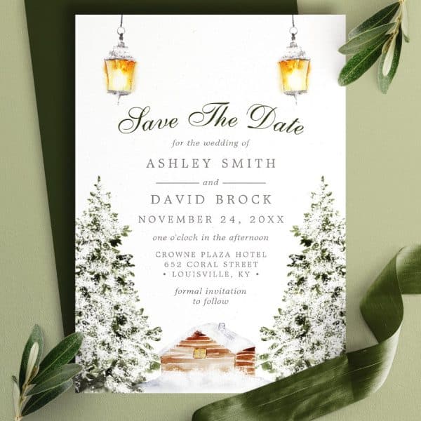 Save The Date For Ashley Smith And David Brock'S Wedding, November 24Th. A Snowy Cabin Scene With Hanging Lanterns.