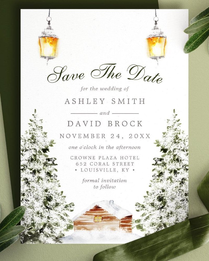 Save the date for Ashley Smith and David Brock's wedding, November 24th. A snowy cabin scene with hanging lanterns.