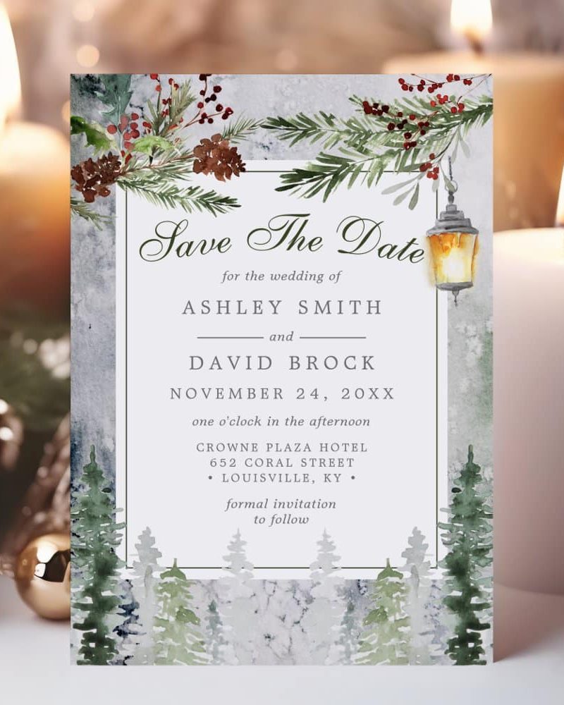 Winter-themed save-the-date card for Ashley Smith and David Brock's wedding on November 24.