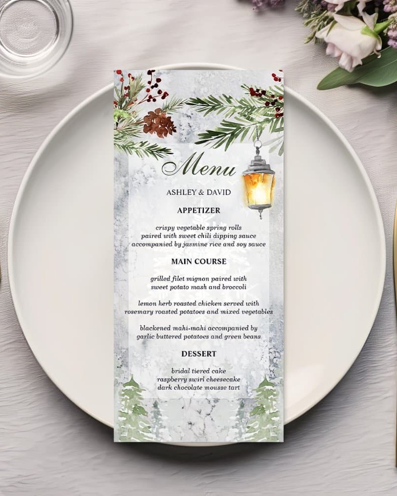 Winter Rustic Pine Lantern Wedding Menu