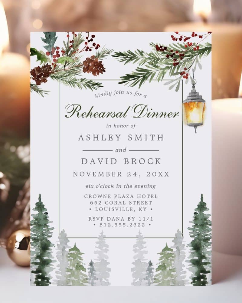 Winter-themed rehearsal dinner invitation for Ashley Smith and David Brock.