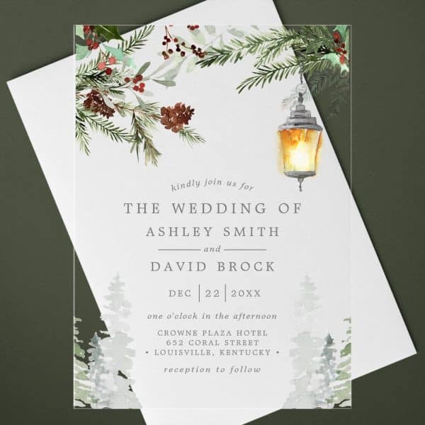 Wedding Invitation For Ashley Smith And David Brock, Featuring A Wintery Design With A Lantern And Pine Branches.