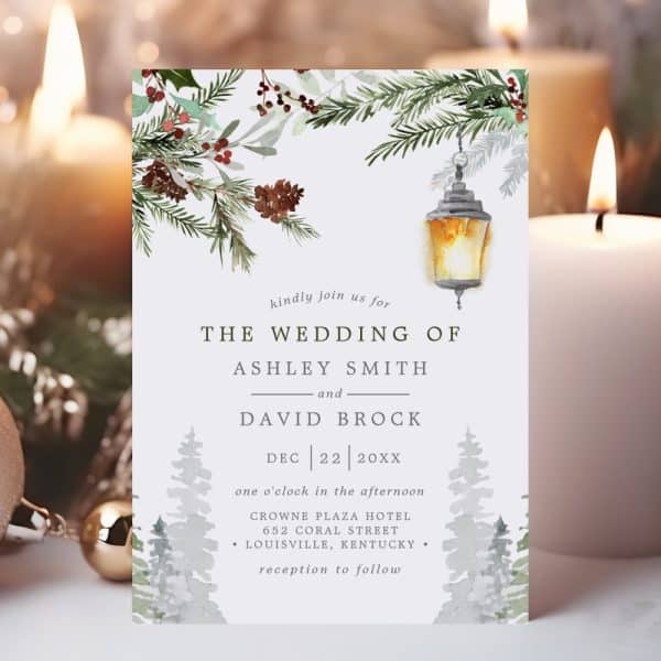 Wedding Invitation For Ashley Smith And David Brock, Featuring A Wintery Design With Pine Branches, Berries, And A Lantern.