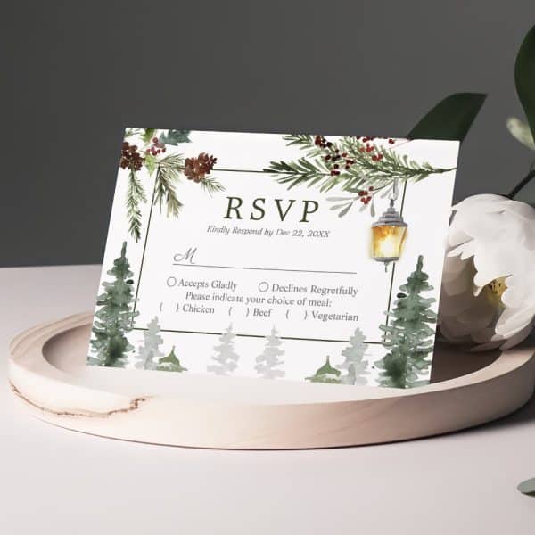 Winter-Themed Rsvp Card With Evergreen Branches, Pine Cones, Berries, And A Lantern. Meal Choices Are Listed.