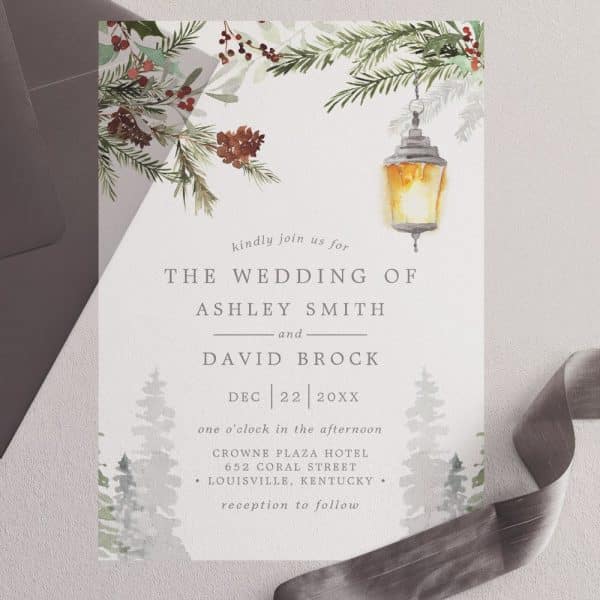 Wedding Invitation For Ashley Smith And David Brock, Featuring A Winter Scene With A Lantern.