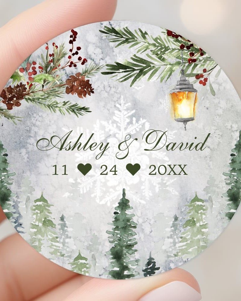 Winter Rustic Pine Trees Lantern Botanical Wedding Classic Round Sticker