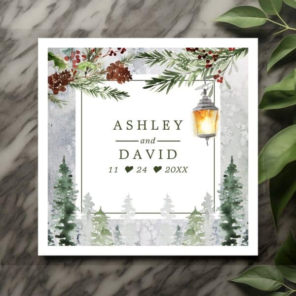 Winter Wedding Announcement For Ashley And David, With Pine Trees And A Lantern.