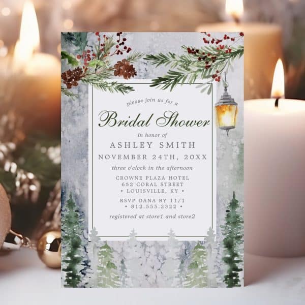 Bridal Shower Invitation For Ashley Smith, Featuring A Winter Woodland Scene With A Lantern.