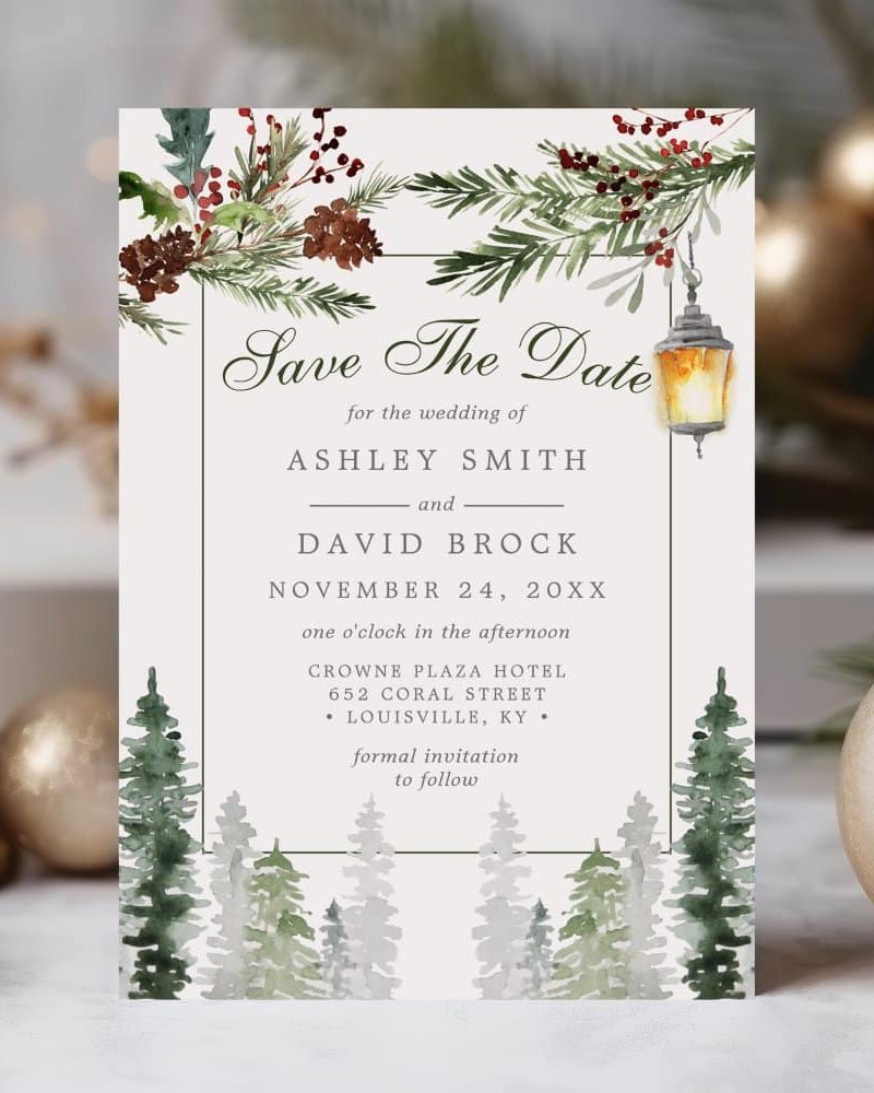Save the date for Ashley Smith and David Brock's wedding on November 24, 20XX, at the Crowne Plaza Hotel in Louisville, KY. A wintery pine forest scene is depicted.