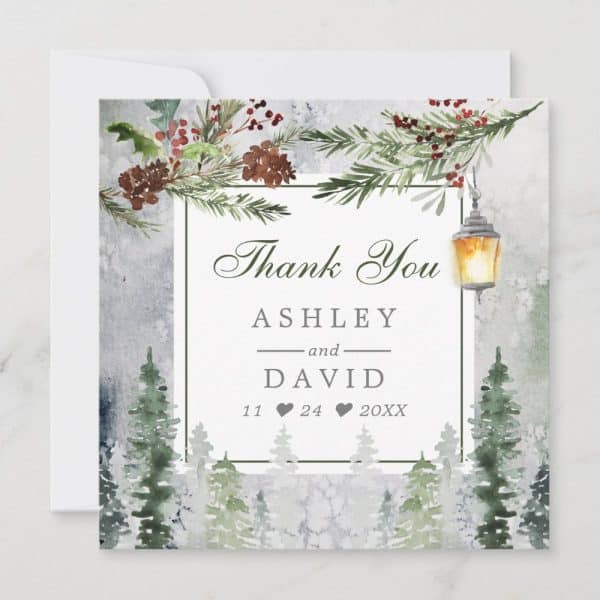 Winter-Themed Thank You Card From Ashley And David, Featuring A Lantern And Evergreen Trees.