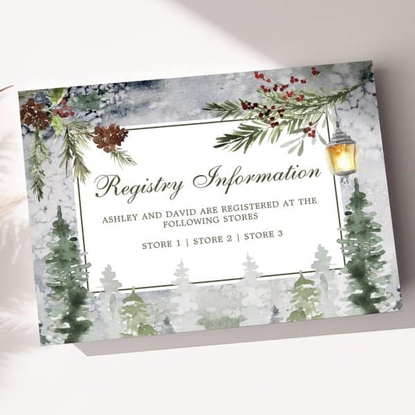 Winter-Themed Registry Information Card For Ashley And David, Showing Evergreen Trees And A Lit Lantern.