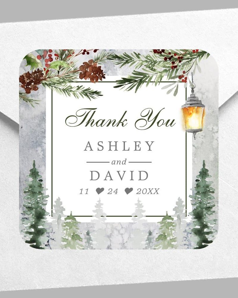 Winter Rustic Pine Trees Lantern Wedding Thank You Square Sticker