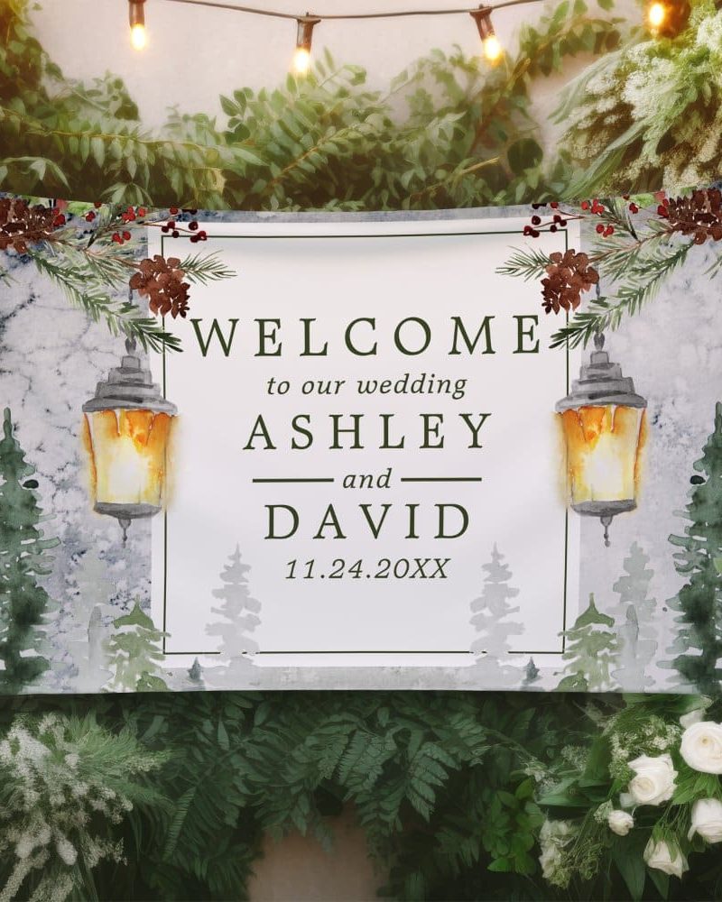 Wedding welcome sign for Ashley and David, featuring a wintery watercolor design with lanterns and pine trees.