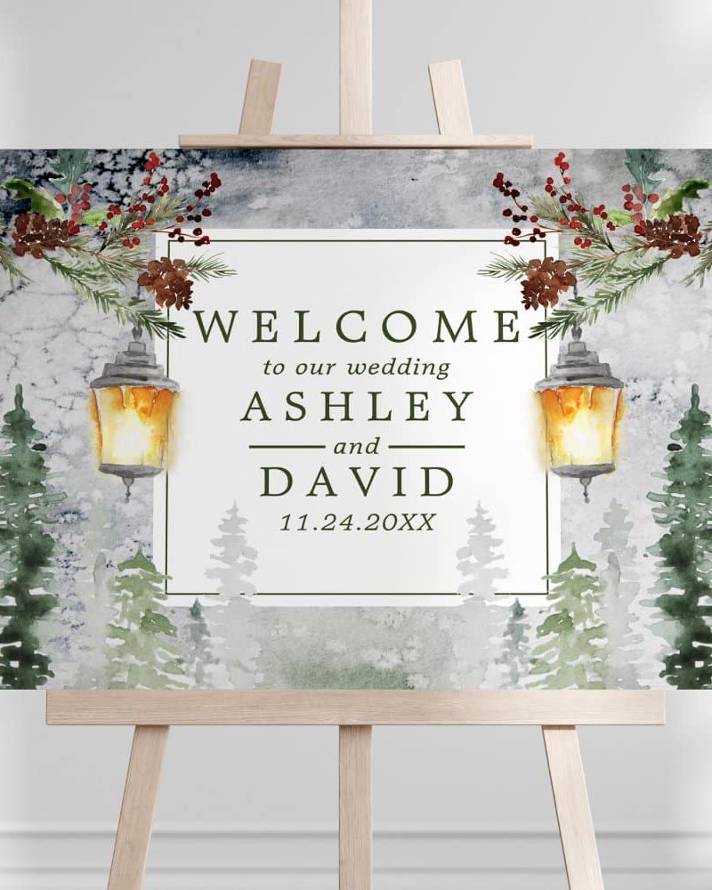 Winter Rustic Pine Trees Lantern Wedding Welcome Foam Board