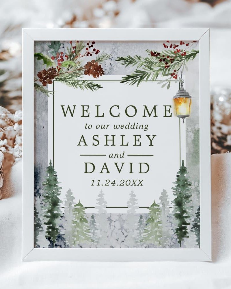 Winter Rustic Pine Trees Lantern Wedding Welcome Poster