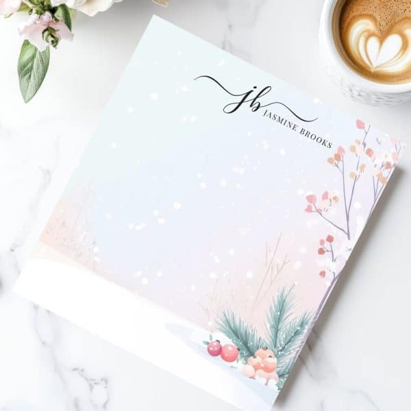 Winter-Themed Stationery Featuring A Pastel Landscape With Berries And Pine, And The Monogram J.b. For Jasmine Brooks.