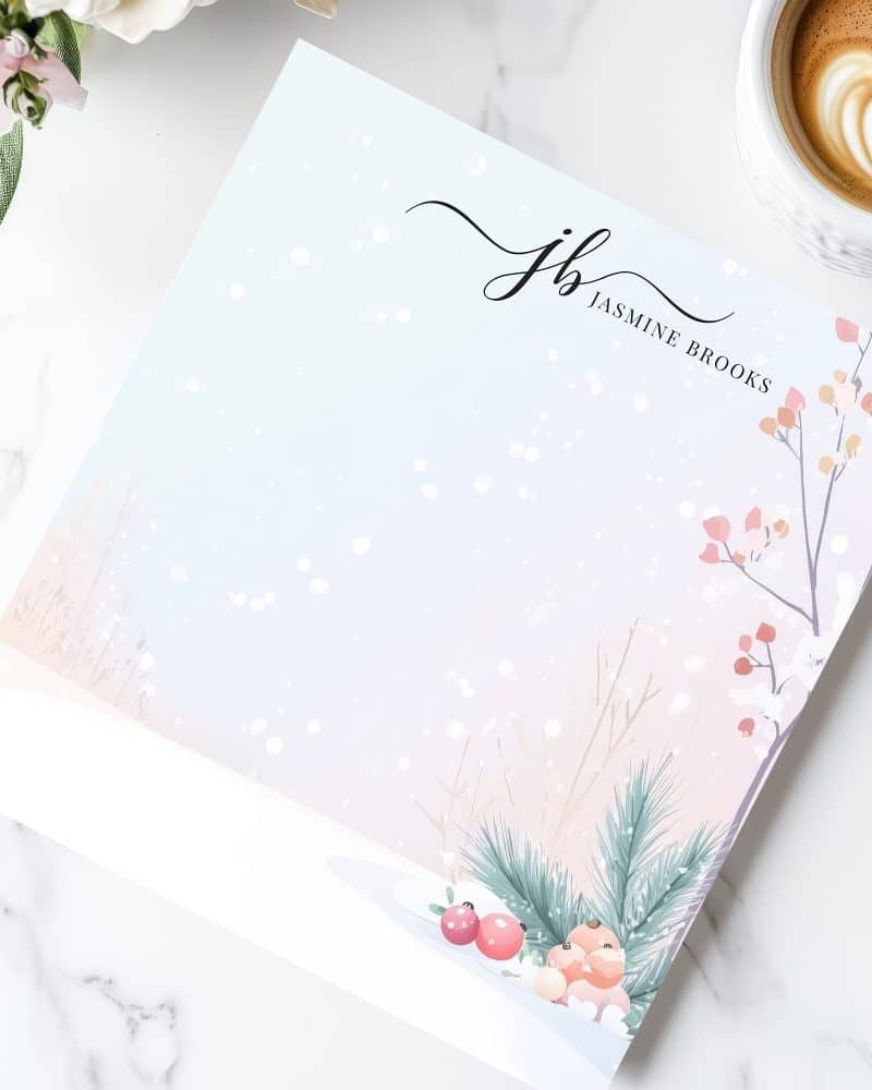 Winter-themed stationery featuring a pastel landscape with berries and pine, and the monogram J.B. for Jasmine Brooks.