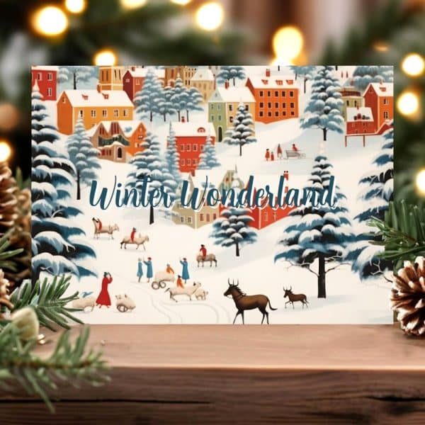 Winter Wonderland Illustration Showing A Snowy Village Scene With People, Animals, And Horse-Drawn Carts.