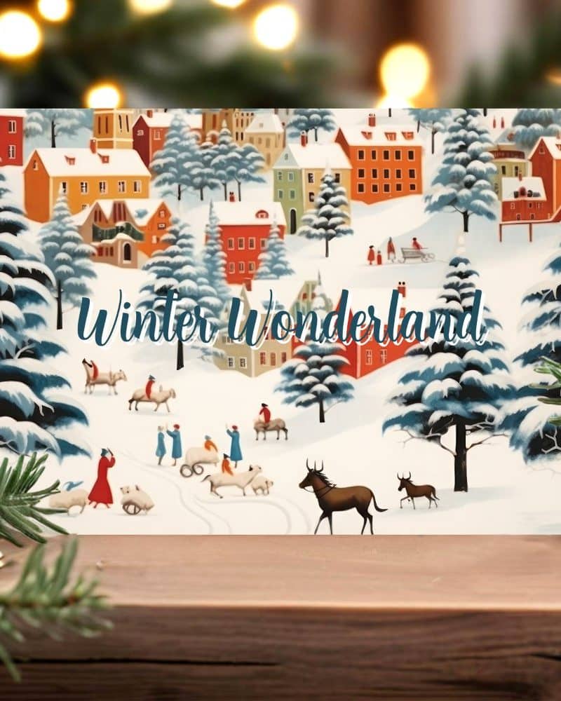 Winter Wonderland illustration showing a snowy village scene with people, animals, and horse-drawn carts.