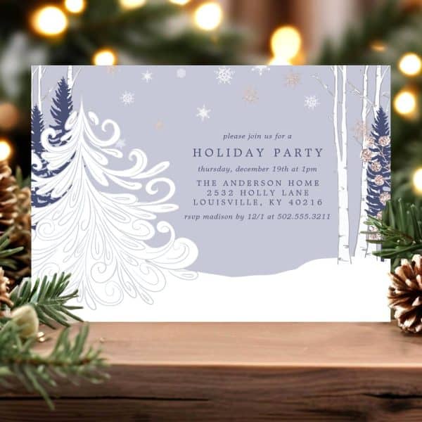 A Lavender Holiday Party Invitation Featuring A Stylized Winter Scene With A White, Ornate Tree And Birch Trees.