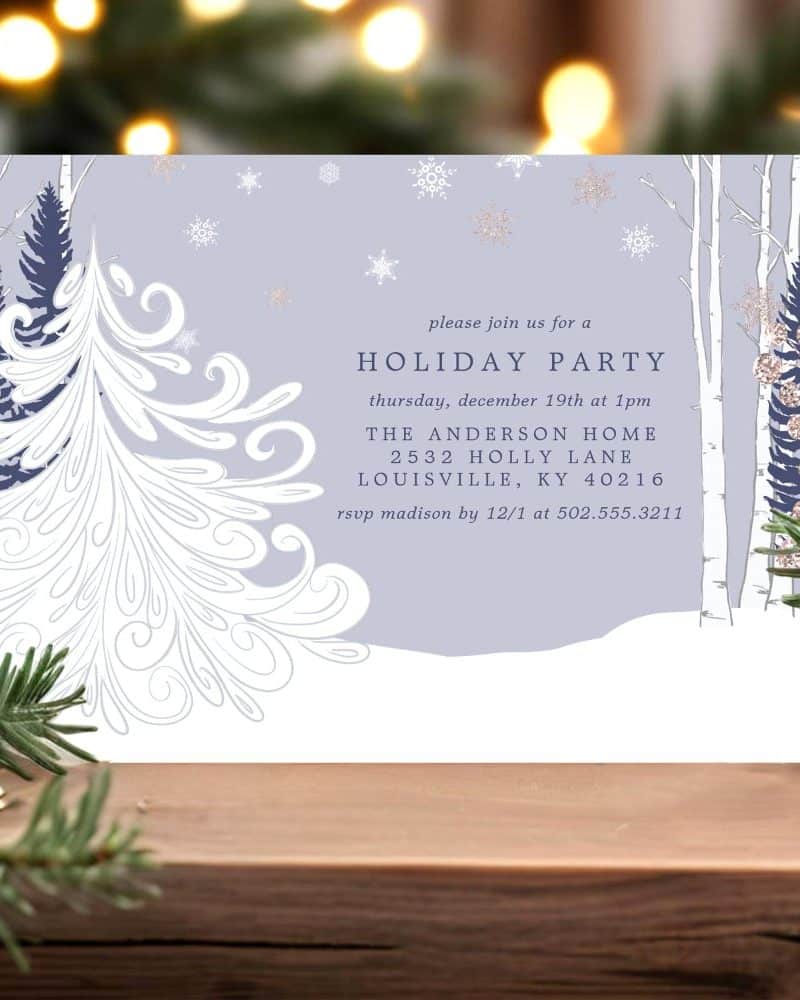 A lavender holiday party invitation featuring a stylized winter scene with a white, ornate tree and birch trees.