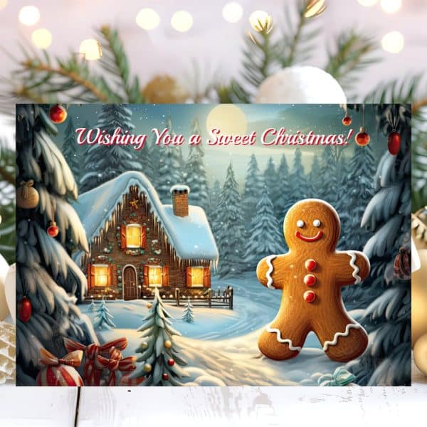 Christmas Greeting Card Featuring A Gingerbread Man Standing In A Snowy Winter Scene With A Cozy Cabin.