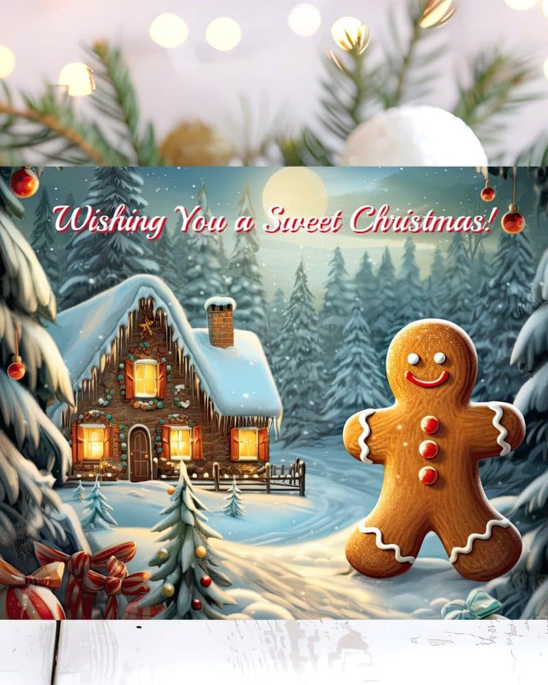 Christmas greeting card featuring a gingerbread man standing in a snowy winter scene with a cozy cabin.
