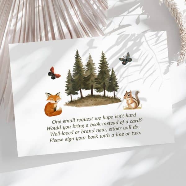 A Whimsical Book Request Card Featuring A Fox, Chipmunk, Butterflies, And A Grove Of Pine Trees.