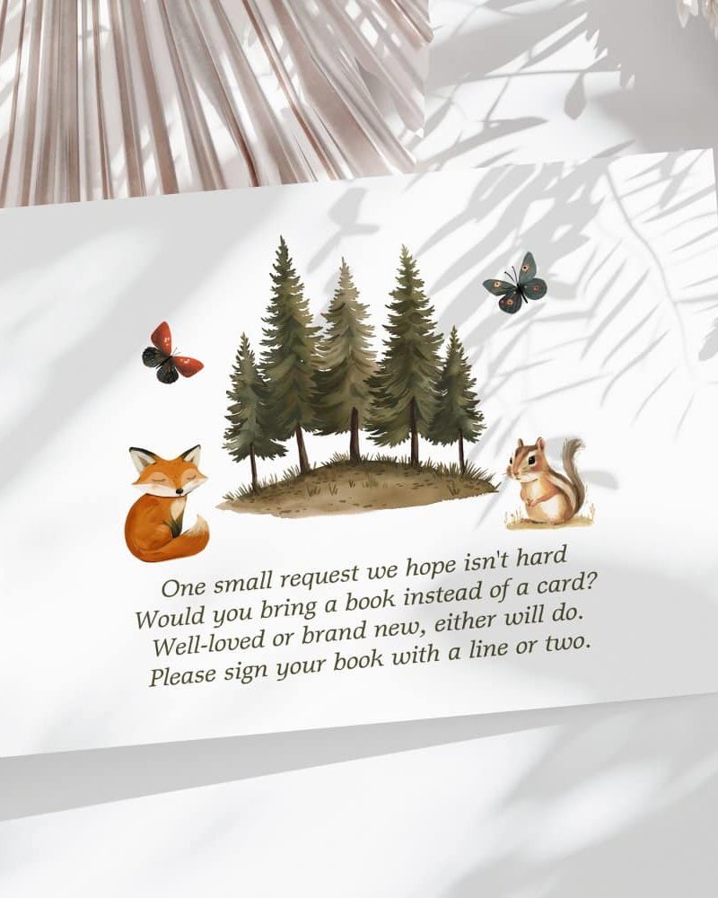 A whimsical book request card featuring a fox, chipmunk, butterflies, and a grove of pine trees.