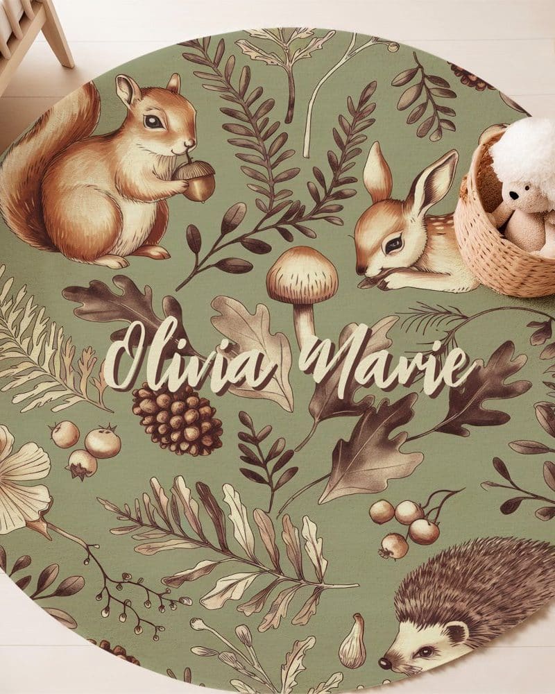 Round childrens rug with woodland animals and Olivia Marie name.