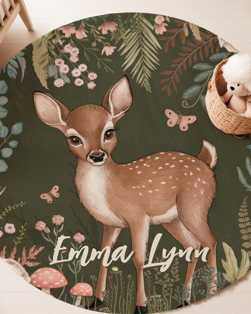 Round nursery rug with a fawn in a floral forest setting. The name Emma Lynn is printed on the rug.