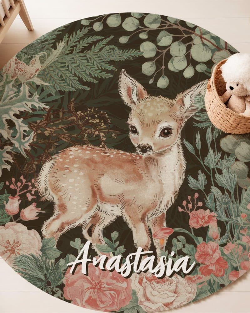 A fawn standing in a garden of flowers and greenery, with the name Anastasia printed below.