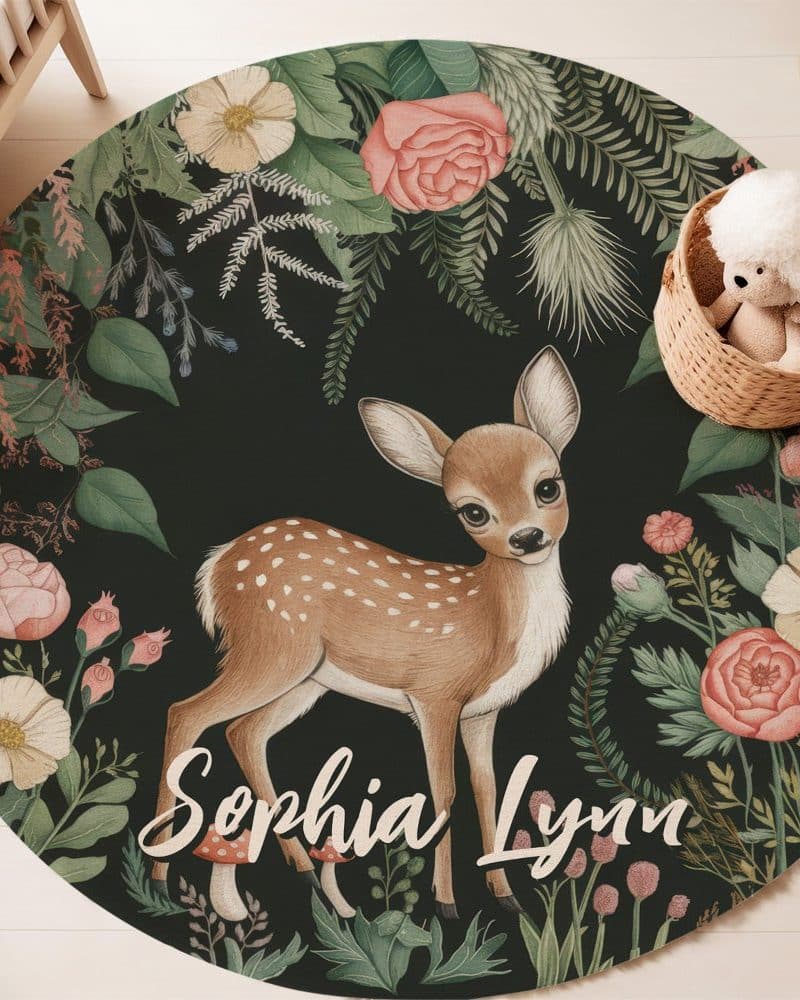 Round rug with a fawn standing in a floral wreath, personalized with the name Sophia Lynn.