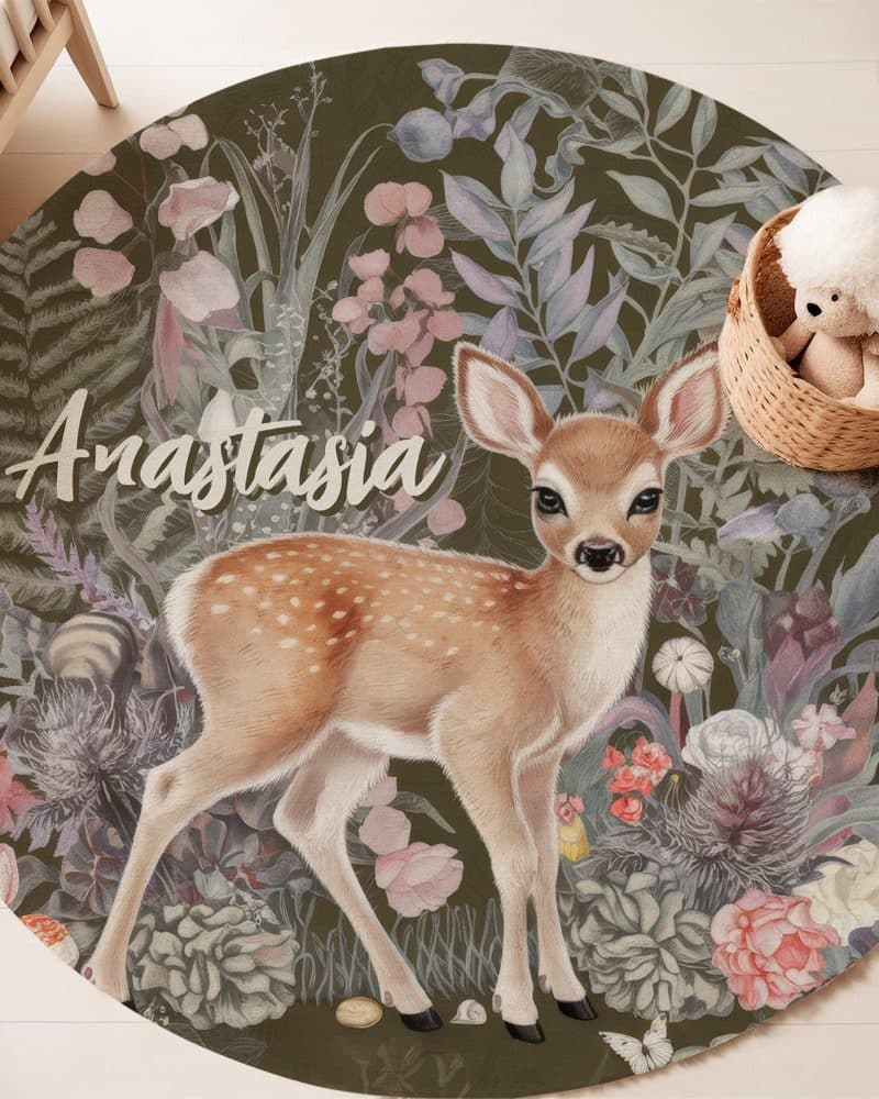 Round rug featuring a fawn standing in a floral garden. The name Anastasia is written on the rug.