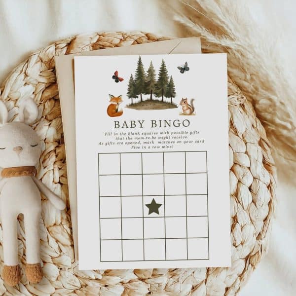 Baby Shower Bingo Card With Woodland Animal Illustrations.