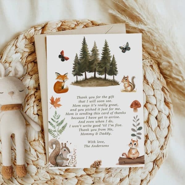 Child'S Thank You Card Featuring Woodland Animals And A Heartfelt Message From The Parents.