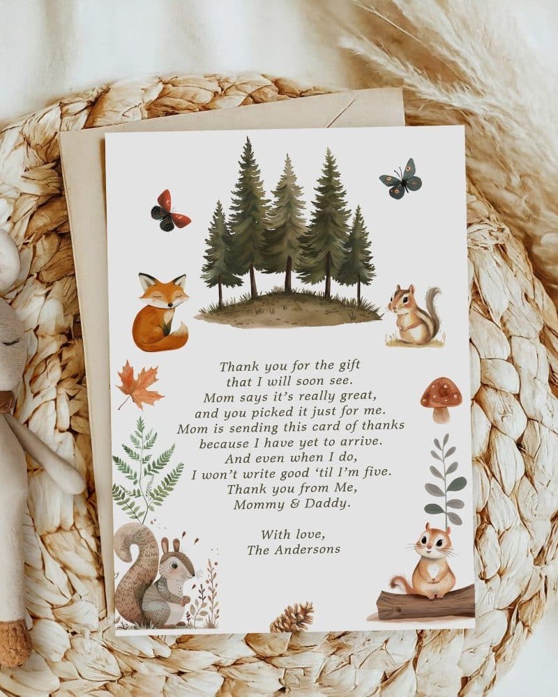 Child's thank you card featuring woodland animals and a heartfelt message from the parents.