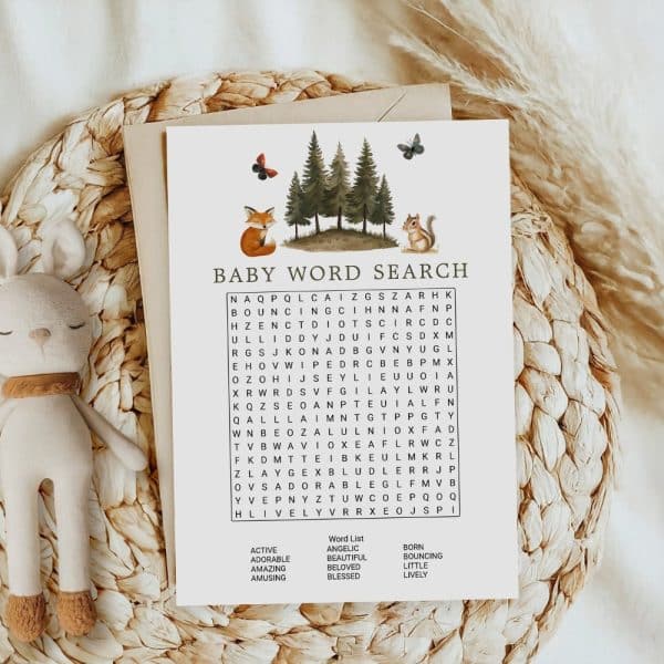 Baby Word Search Puzzle Featuring Woodland Animals.