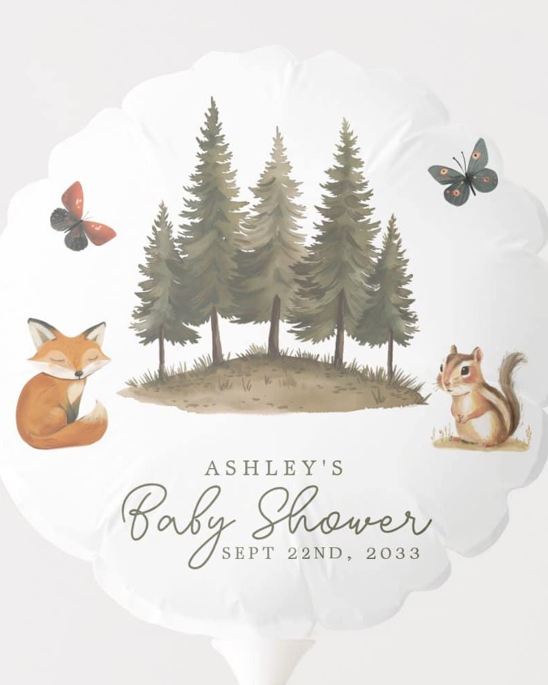 White balloon with woodland animals and trees; Ashley's baby shower.