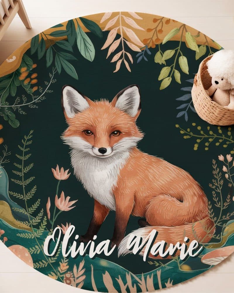 Round rug with a fox illustration and the name Olivia Marie.
