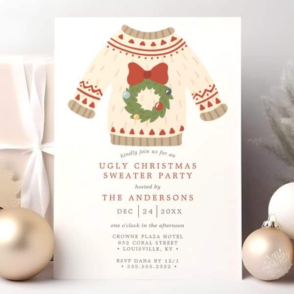 Invitation To An Ugly Christmas Sweater Party Featuring An Illustration Of A Cream-Colored Sweater With A Christmas Wreath.