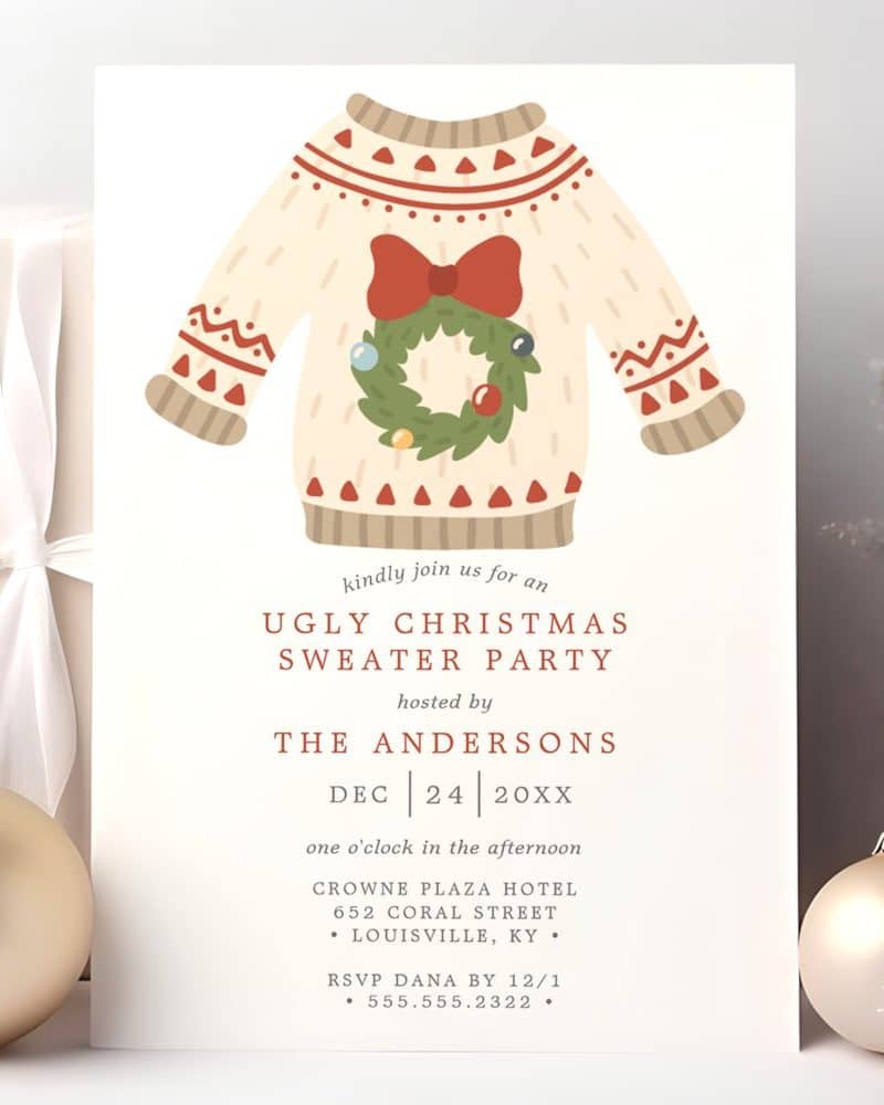 Invitation to an ugly Christmas sweater party featuring an illustration of a cream-colored sweater with a Christmas wreath.