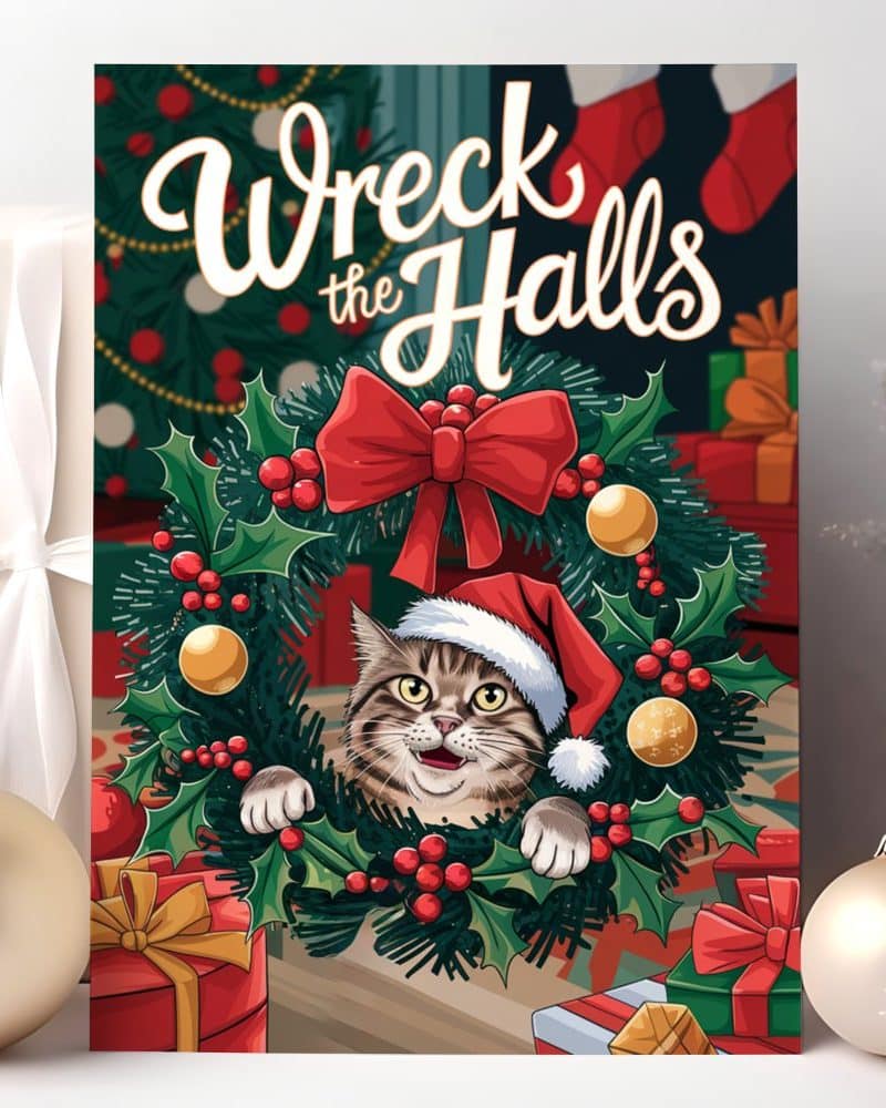 A tabby cat wearing a Santa hat peeks from a Christmas wreath.