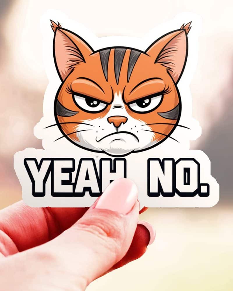 A hand holds a sticker featuring an angry orange tabby cat's face above the words Yeah No.